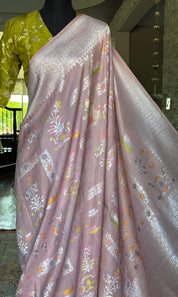 Tussar Silk Banarasi- Light Blush Pink Silver Zari