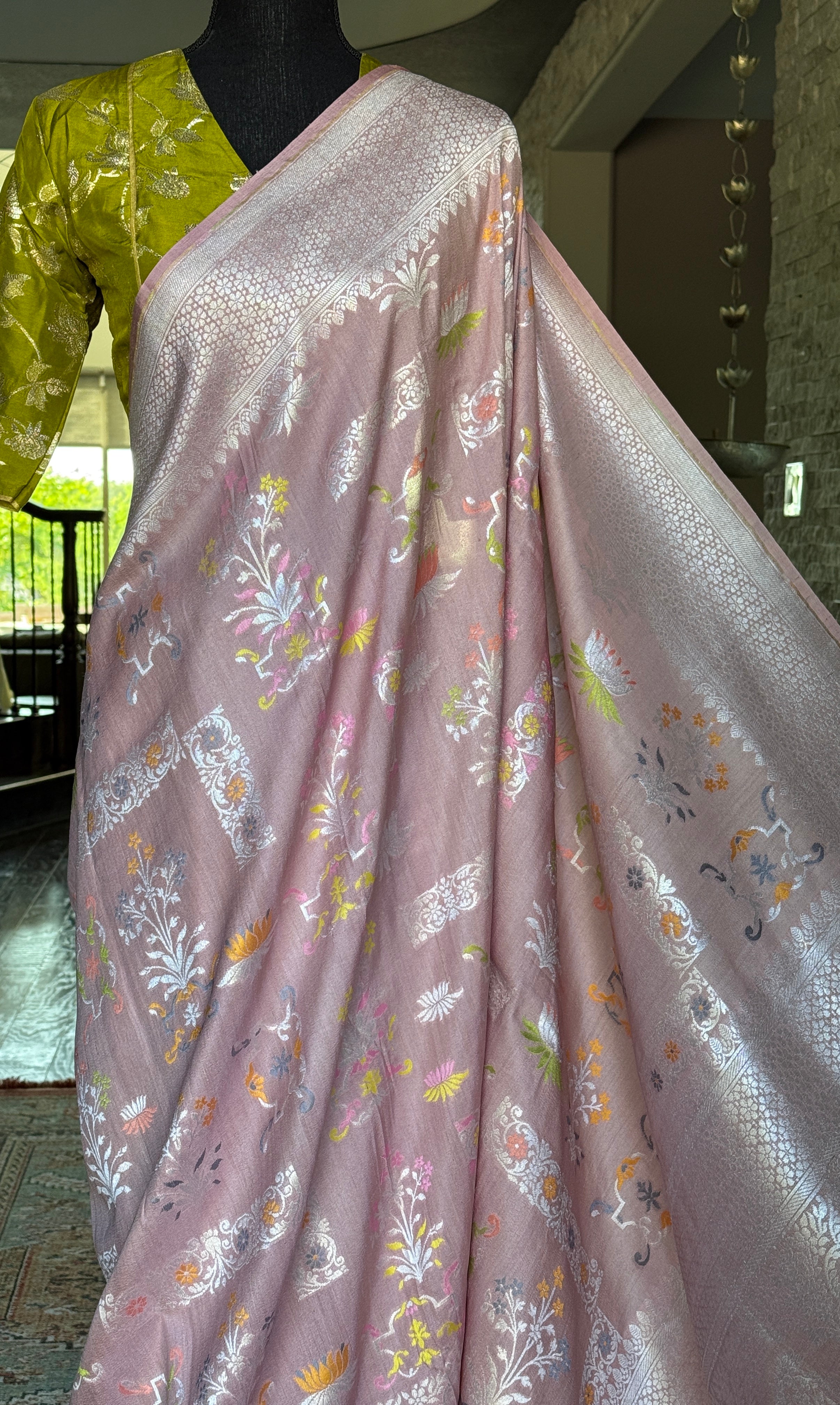 Tussar Silk Banarasi- Light Blush Pink Silver Zari