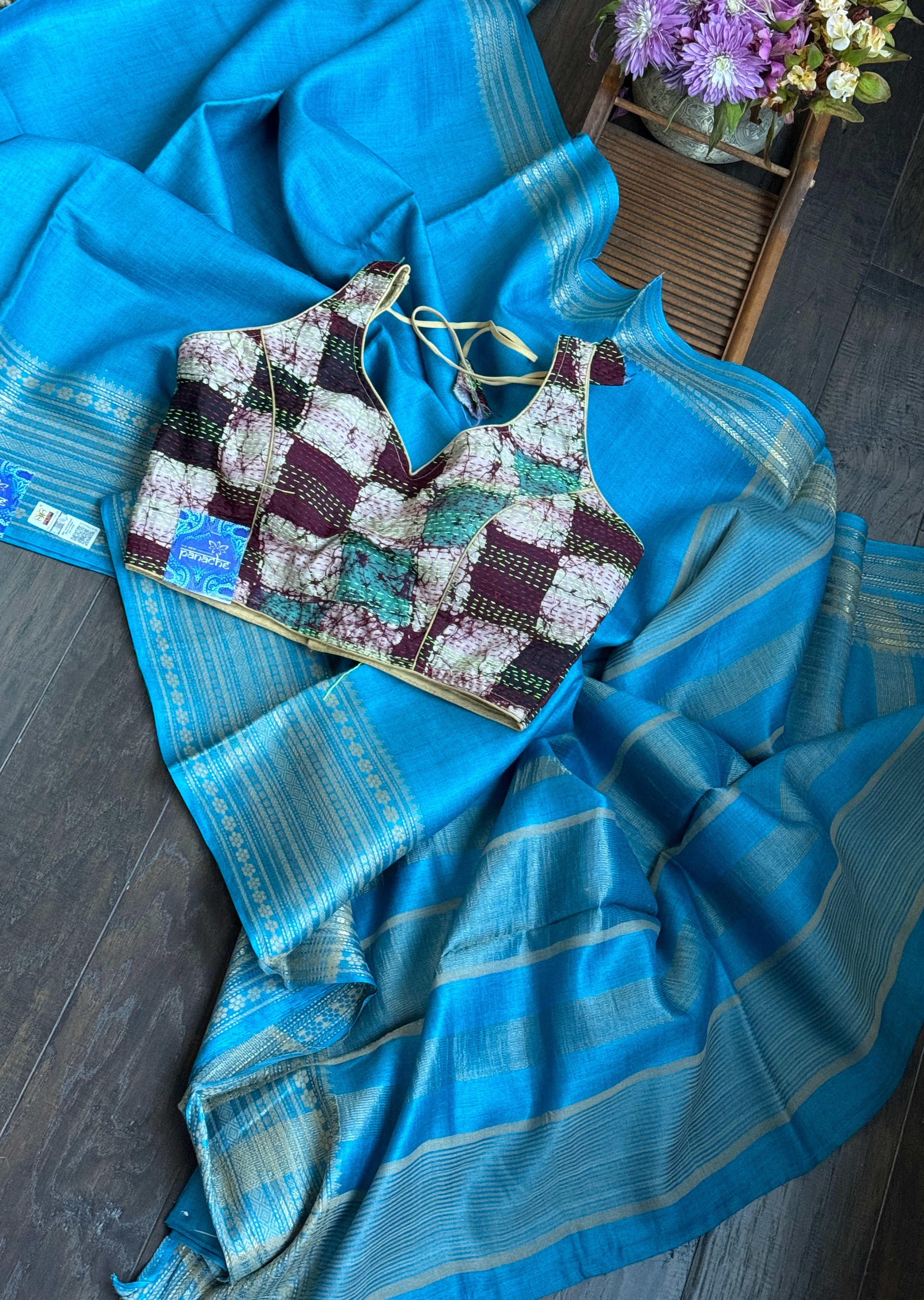 Handwoven Tussar Silk - Firozi Blue Golden Zari