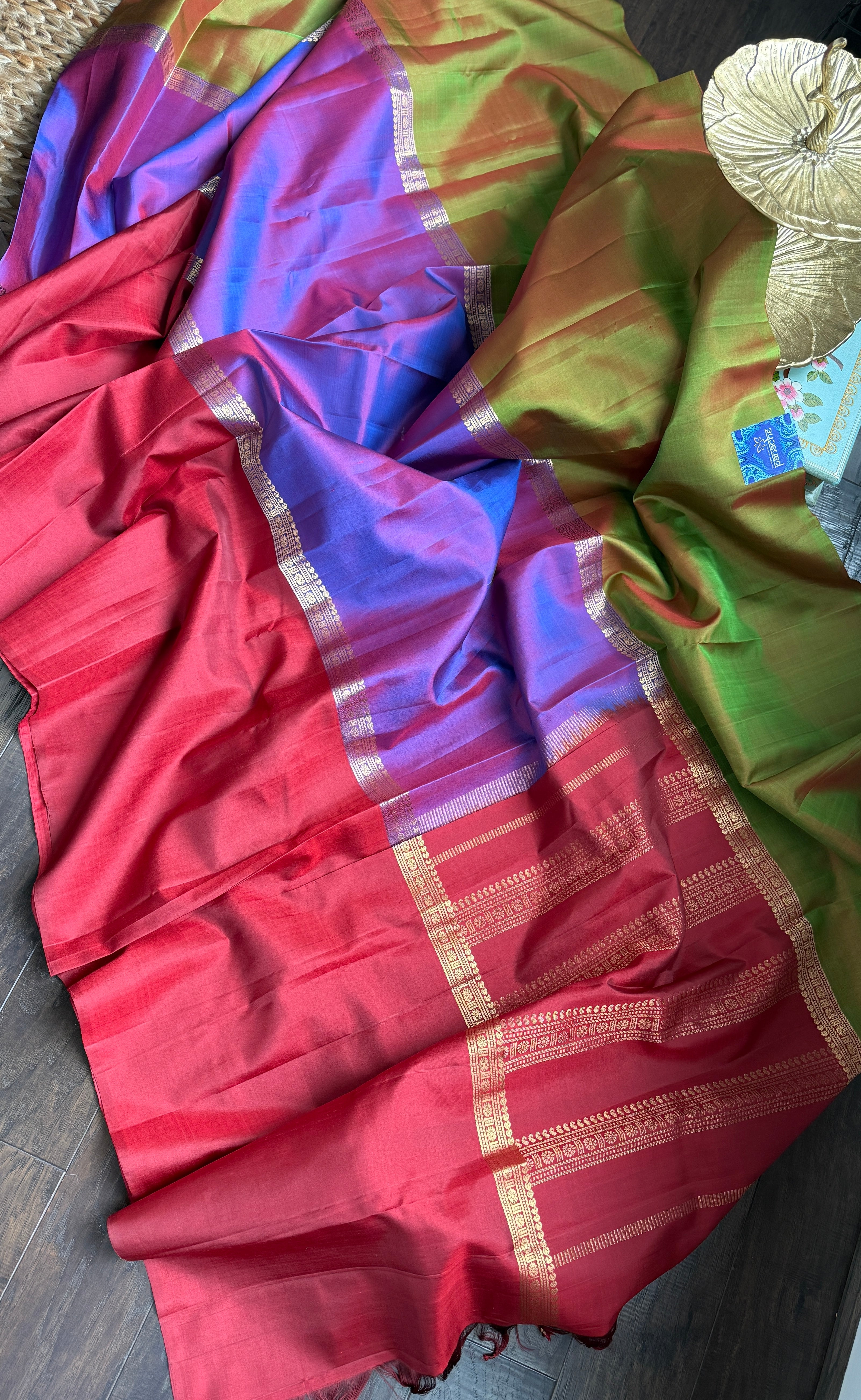 Pure Silk Mubbagam Kanjivaram - Red Green Purple Woven