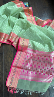 Kora Silk Banaras Chanderi - Pista  Green Paithani