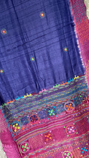 Pure Tussar Silk Lambani - Blue Pink Hand Embroidered