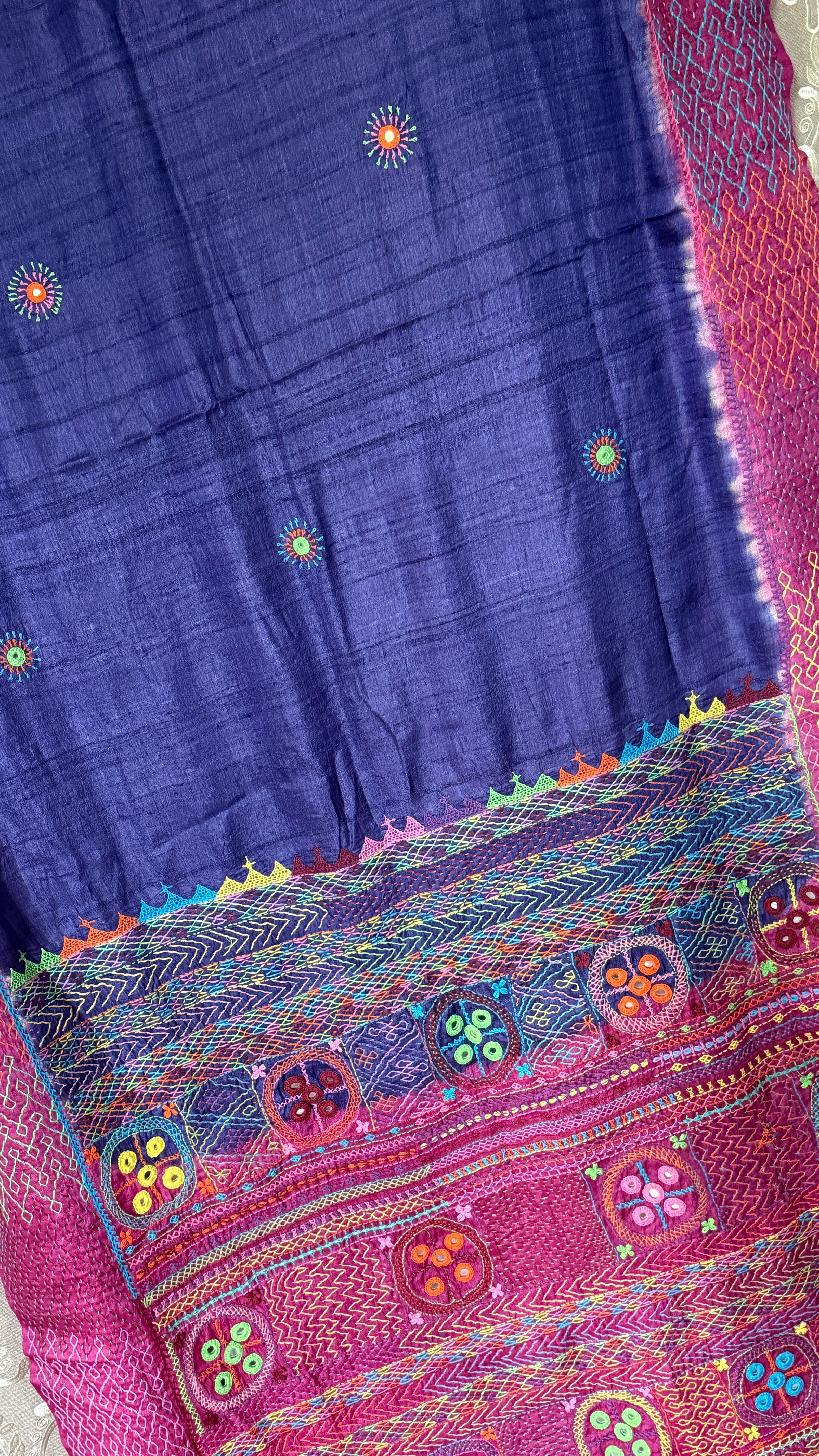Pure Tussar Silk Lambani - Blue Pink Hand Embroidered