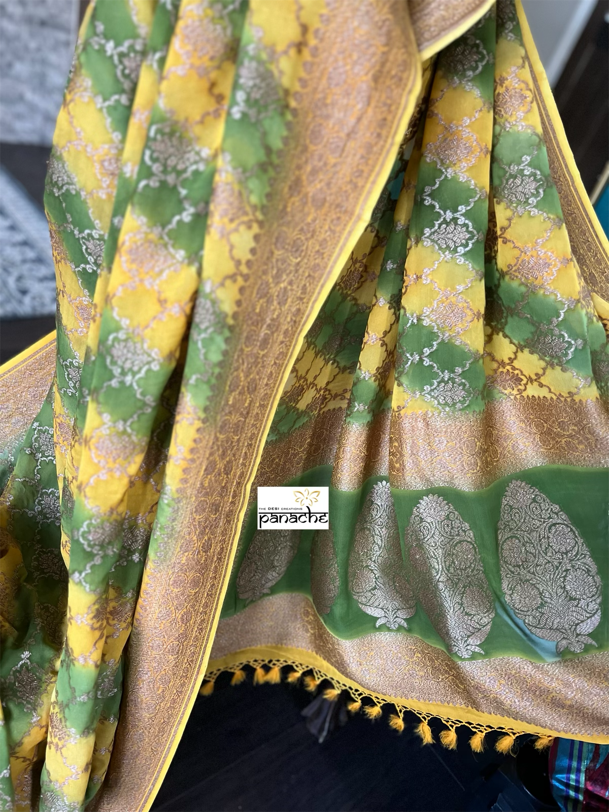 Khaddi Georgette Banarasi - Yellow Green Shaded