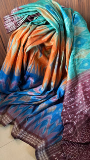 Gopalpur Tussar Silk Ikat - Sea green Plum Orange