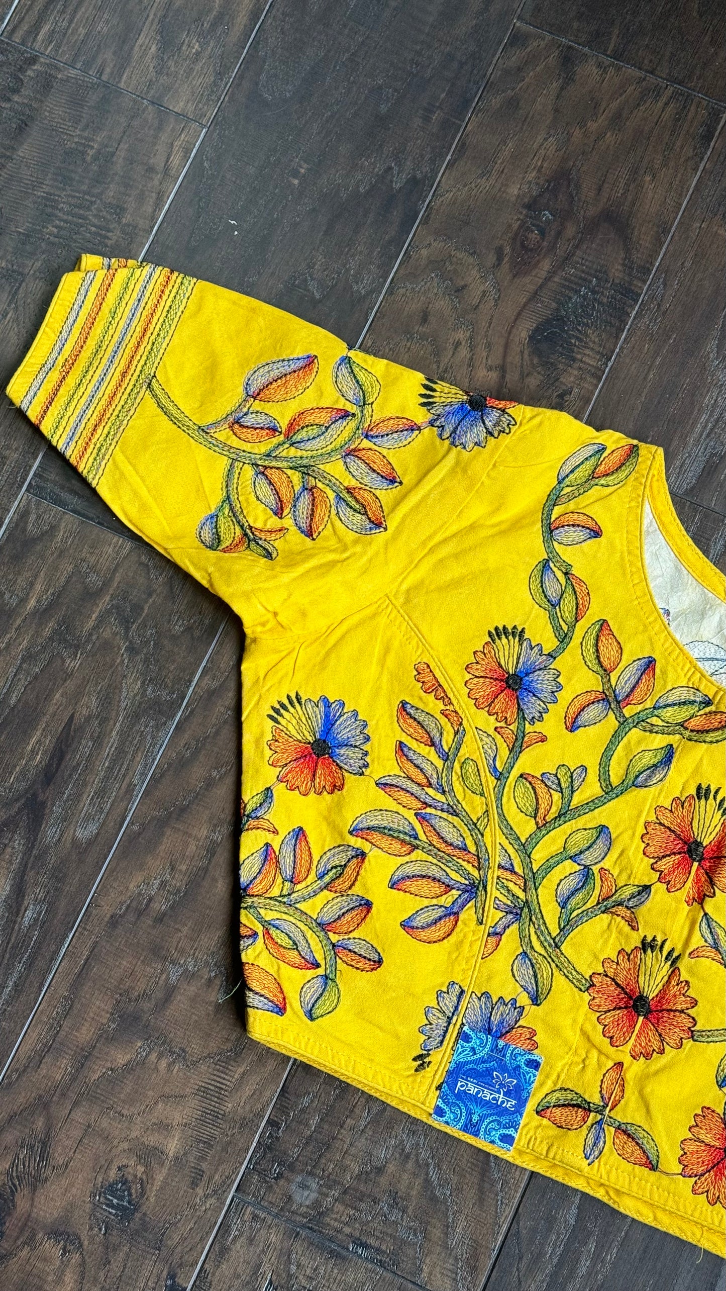 Designer Blouse - Yellow Kantha Stitch