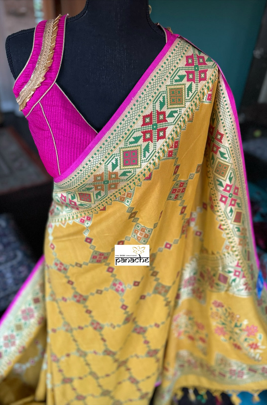 Khaddi Muga Silk Tilfi Banarasi - Yellow Pink Woven