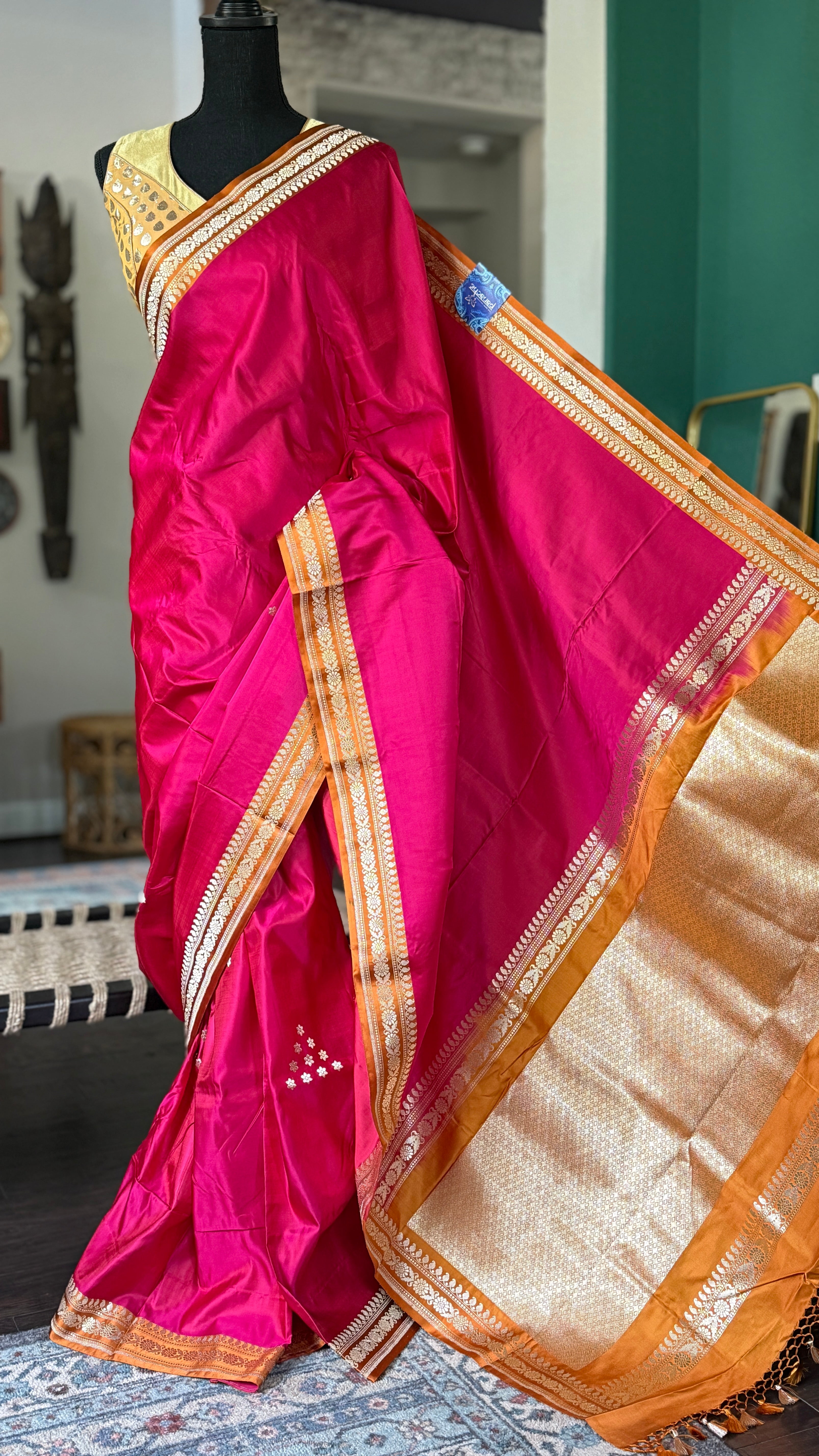 Pure Silk Mashru Banarasi- Rani Pink Ochre Orange