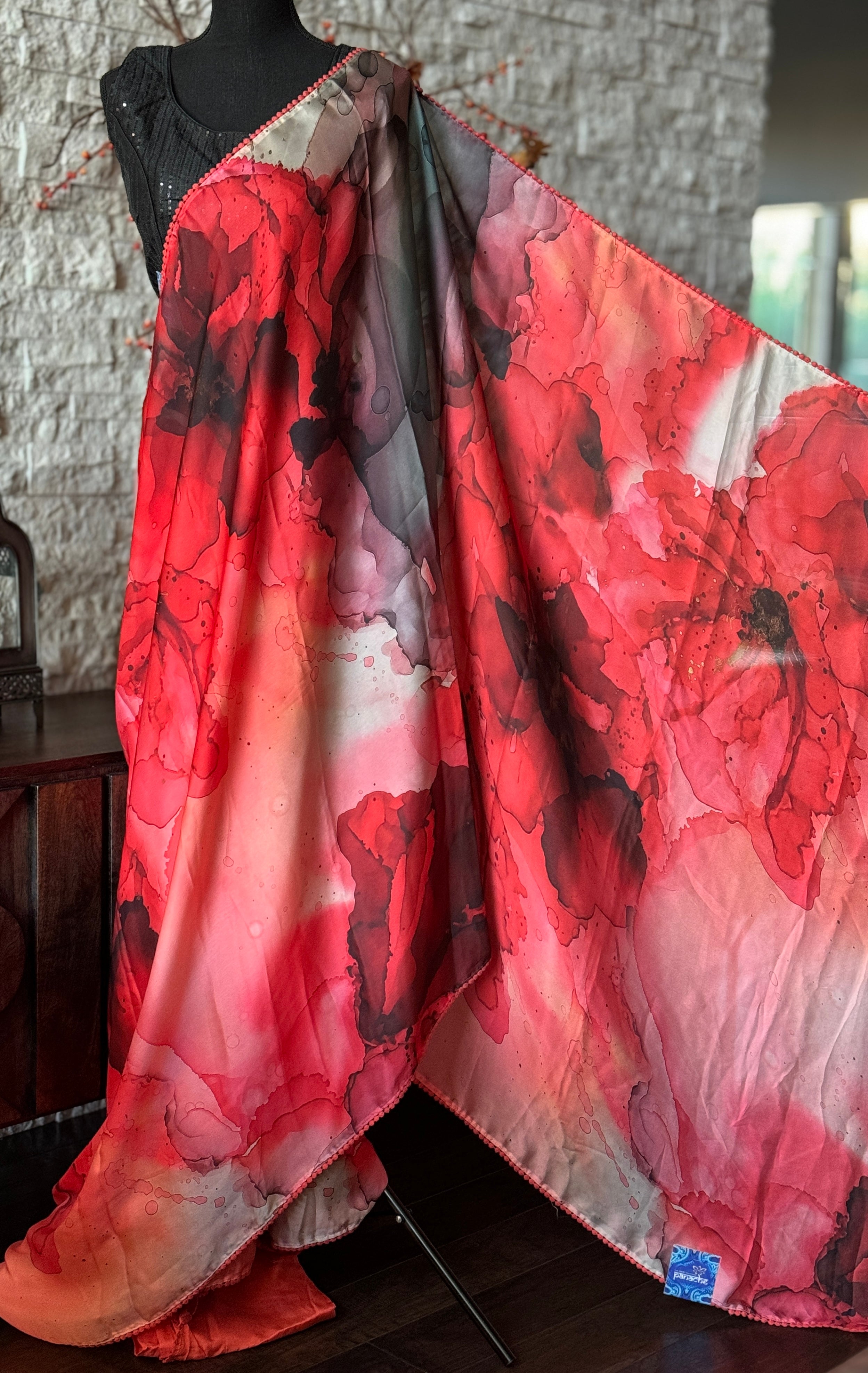 Designer Satin Silk - Red Black Marble Print