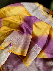 Tussar Silk Banarasi Shaded - Yellow Purple Antique Golden Zari