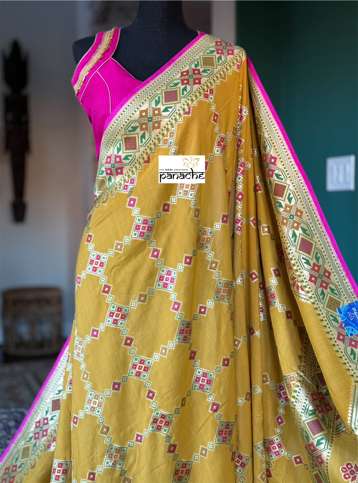 Khaddi Muga Silk Tilfi Banarasi - Yellow Pink Woven