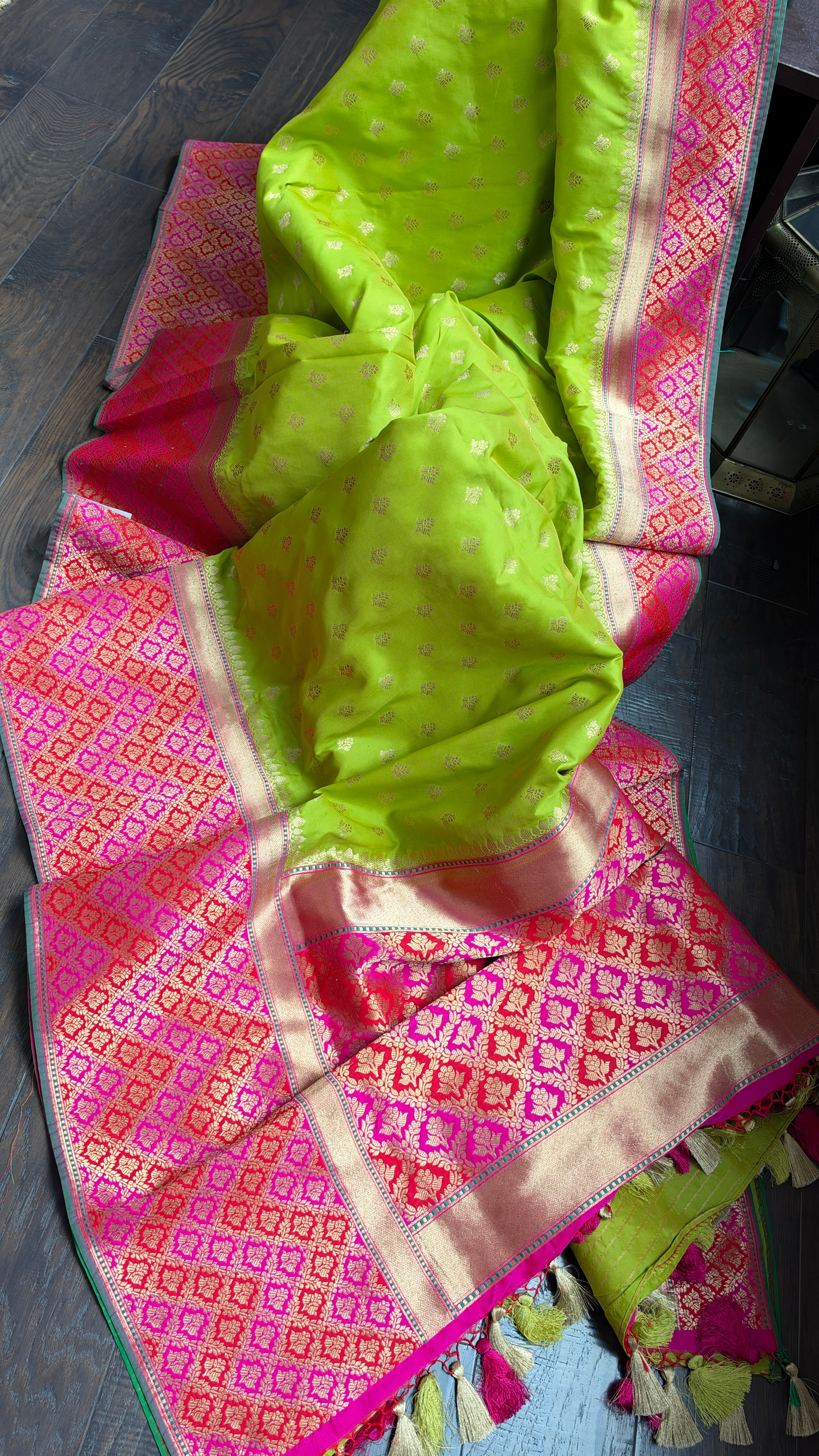Soft Silk Banarasi - Lime Green Magenta Antique Golden Zari