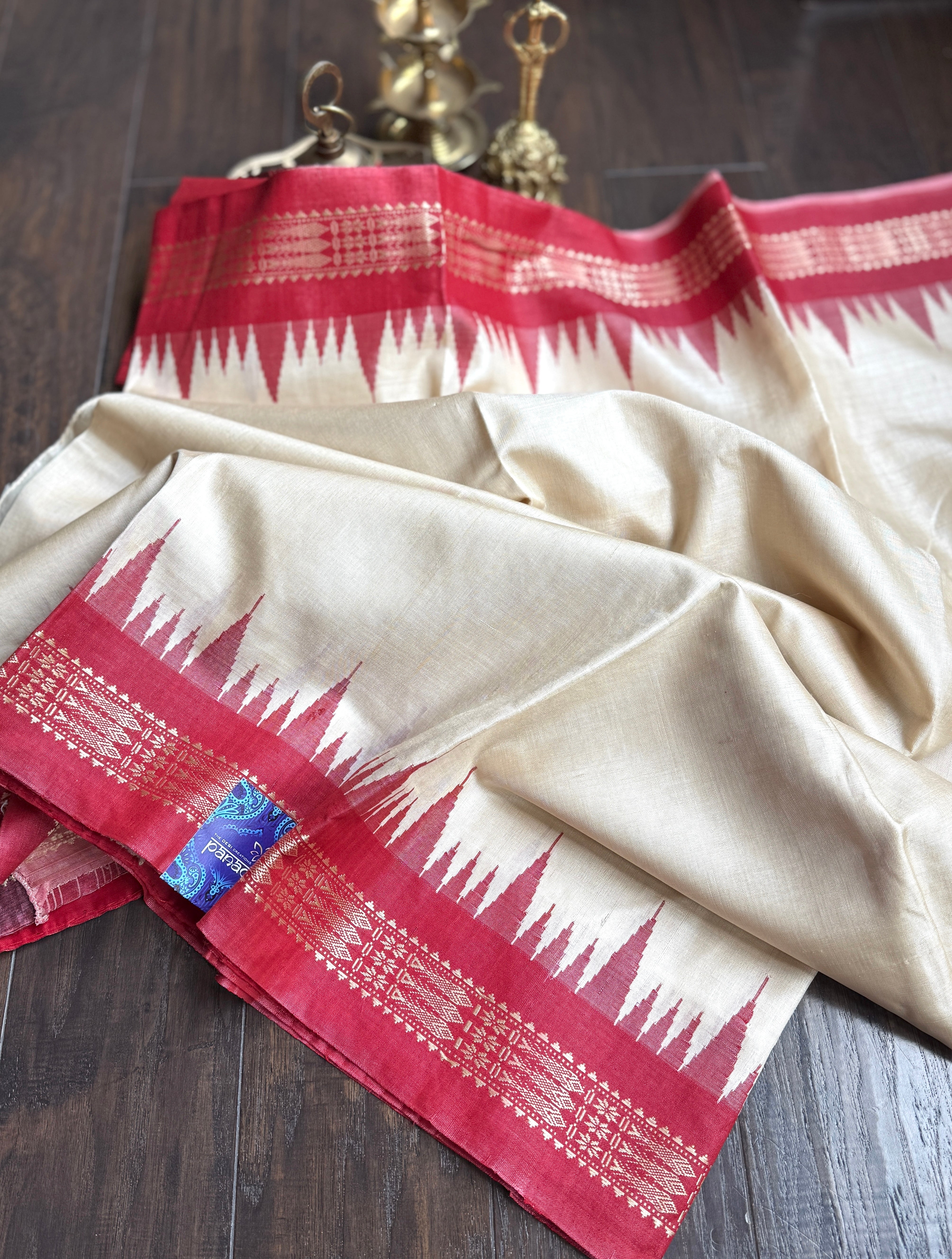 Pure Tussar Silk - Beige Red Ikat Palla
