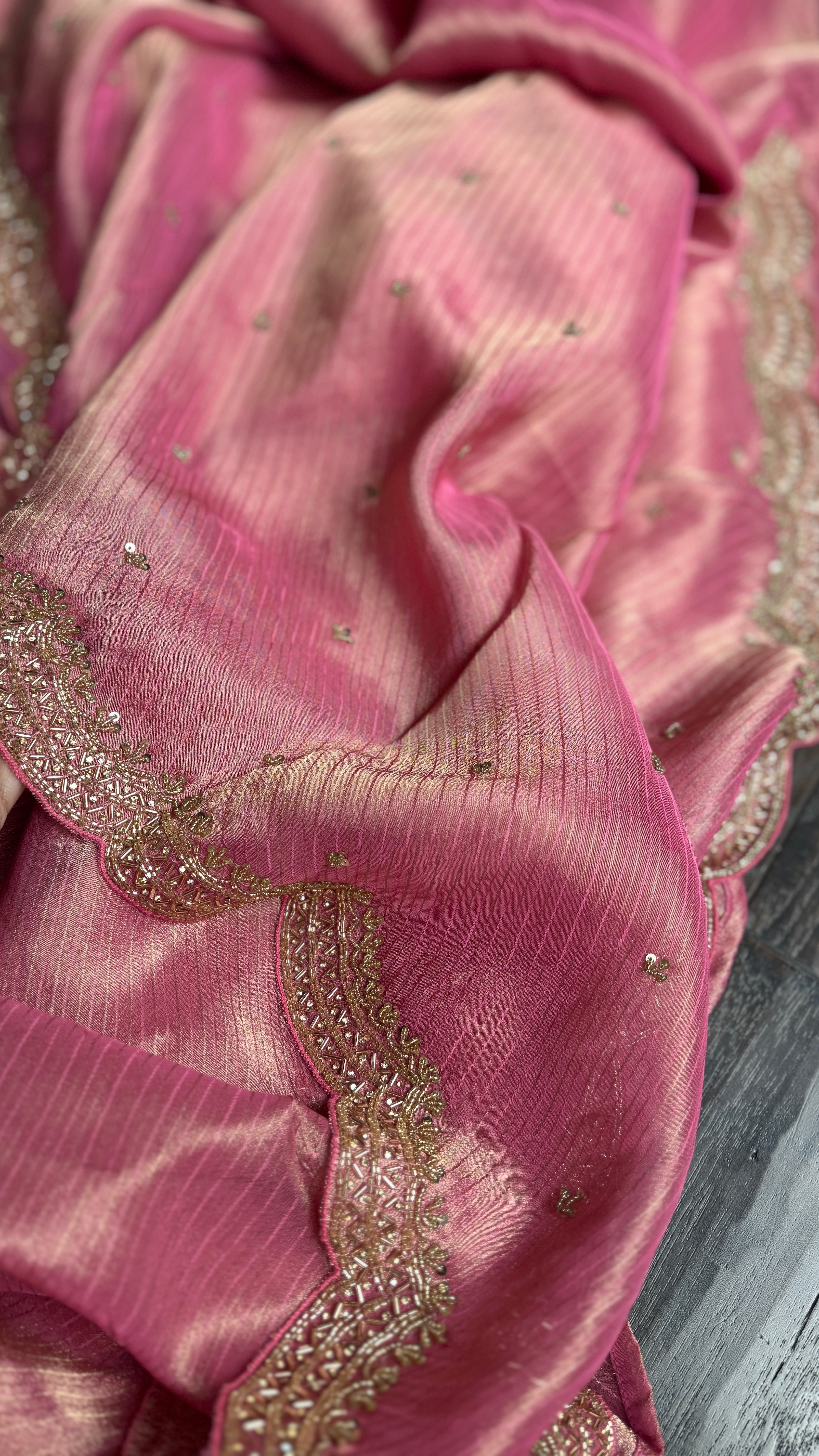 Designer Georgette Organza - Pink Dual Shaded Scalloped Border