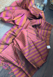 Pure Chanderi Tissue Silk - Rust Pink Striped woven