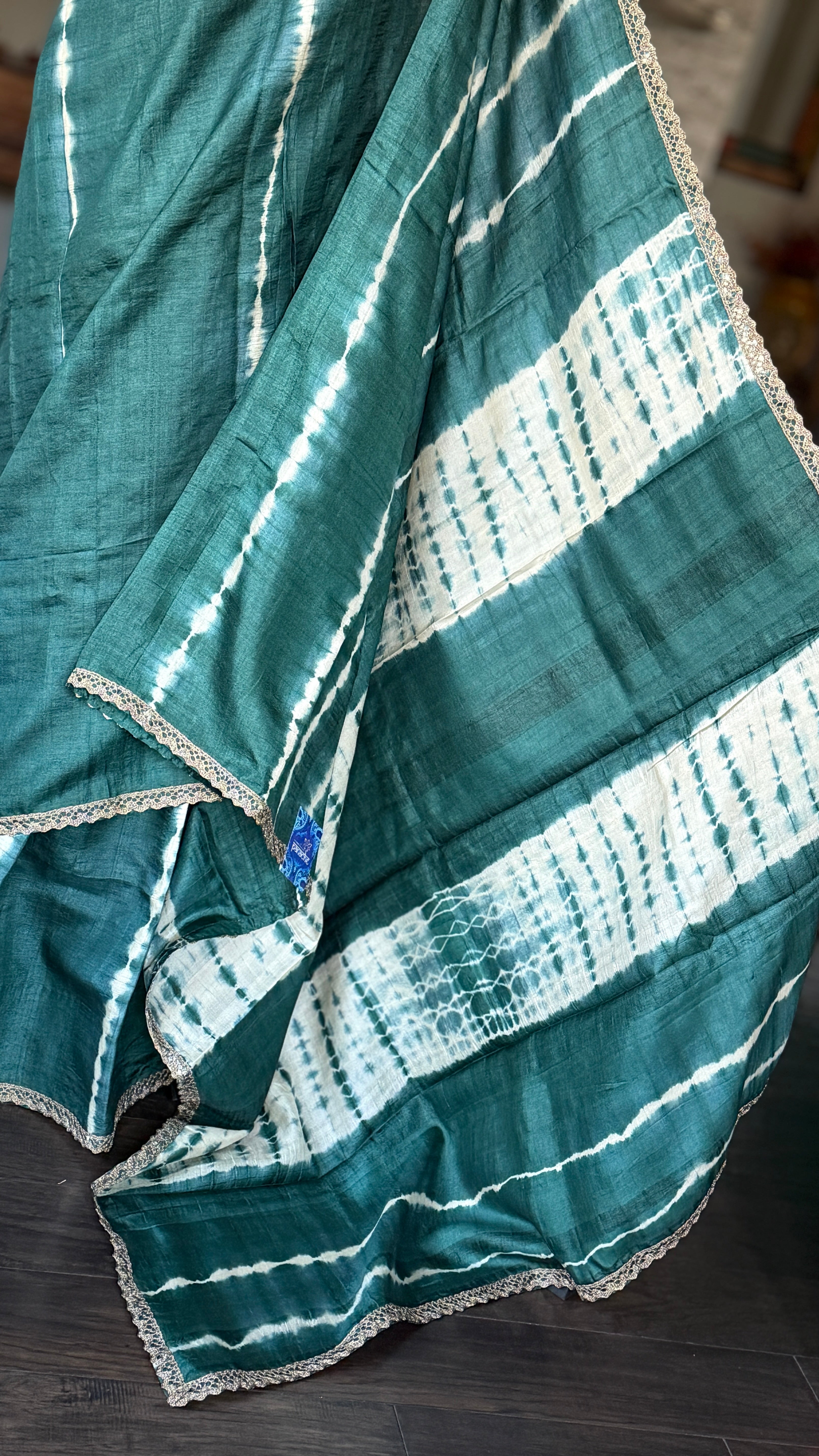 Designer Tussar Silk Shibori - Teal Green