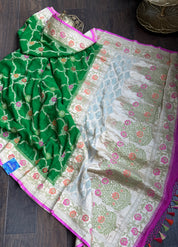 Khaddi Georgette Paithani Banarasi - Green Cream Meenakari