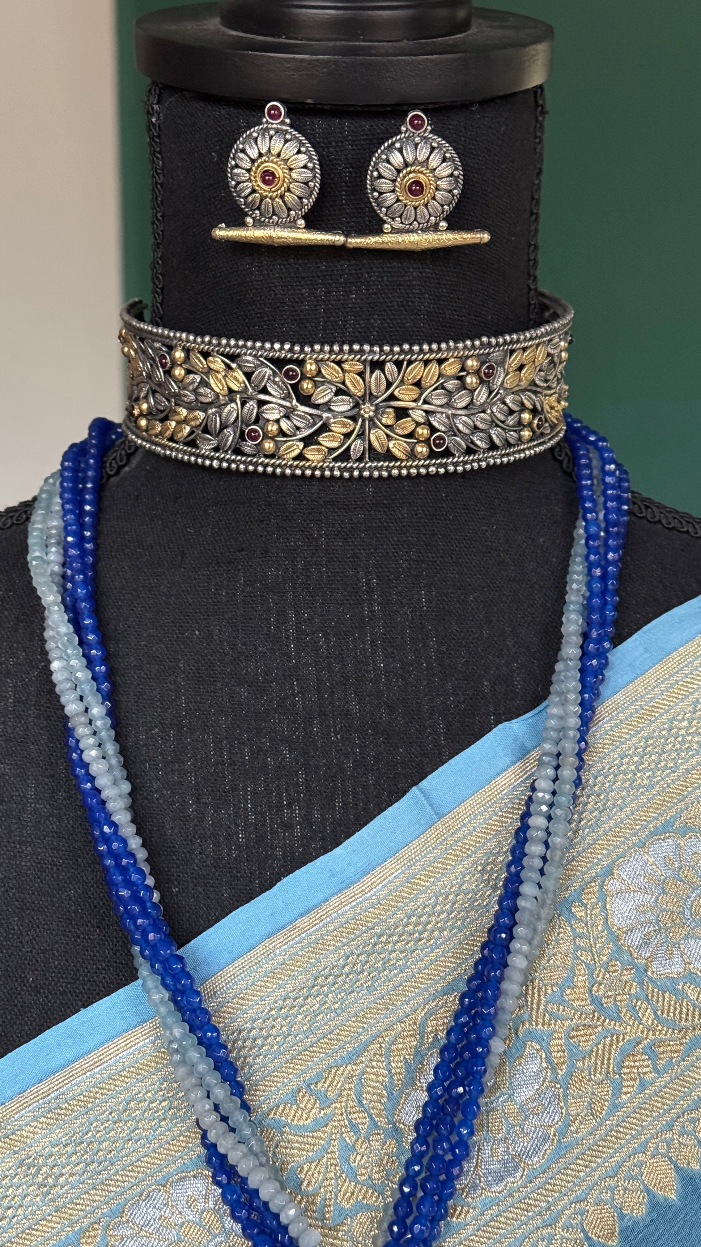 Temple Choker Earring Set 925 Silver - Dual tone Jaal Work