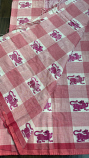Exclusive Pure Khadi Cotton Checks - Red White Pink Lion Motif Woven