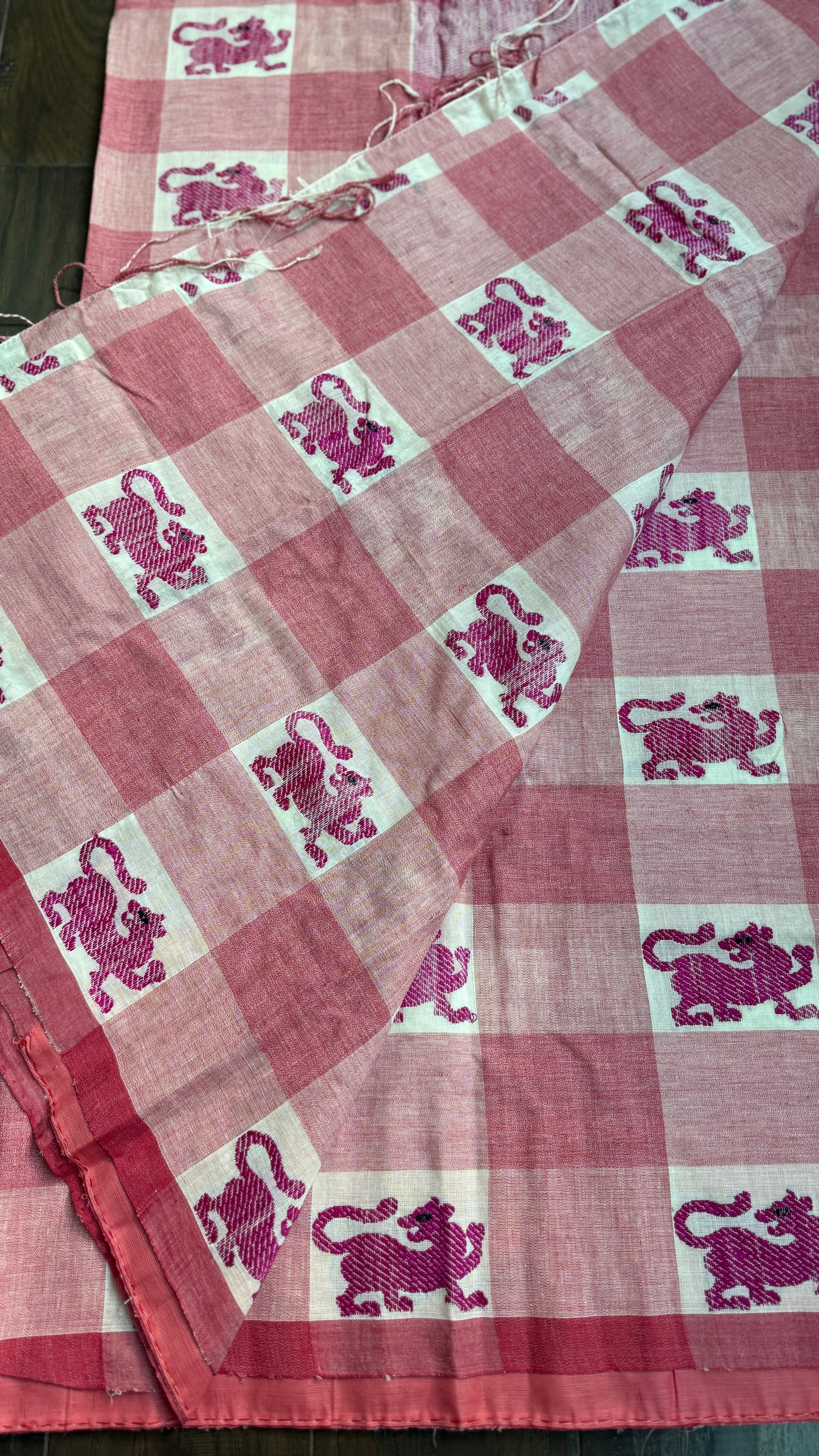 Exclusive Pure Khadi Cotton Checks - Red White Pink Lion Motif Woven