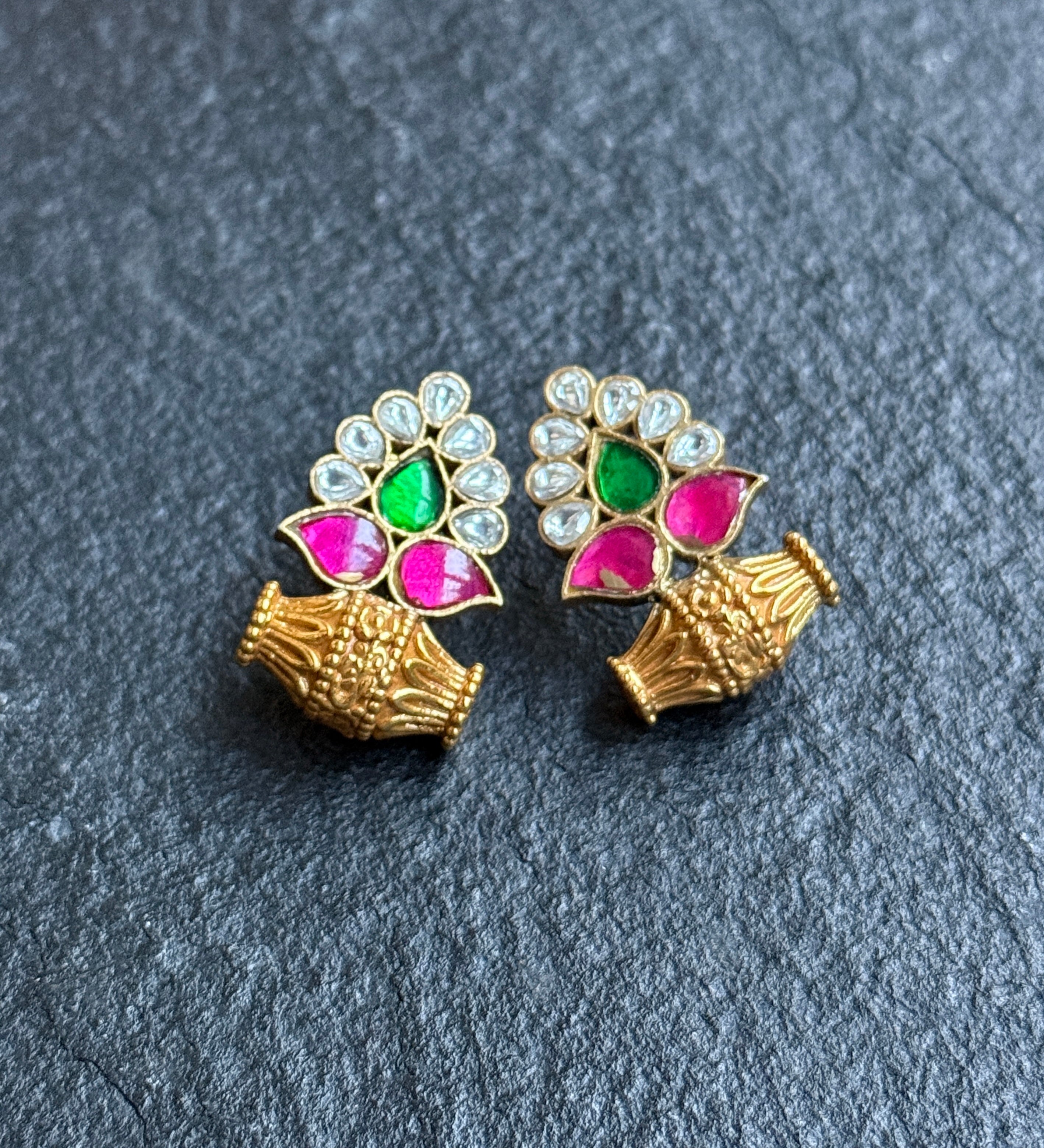 Earring 925 Silver- Kundan Gold Stud