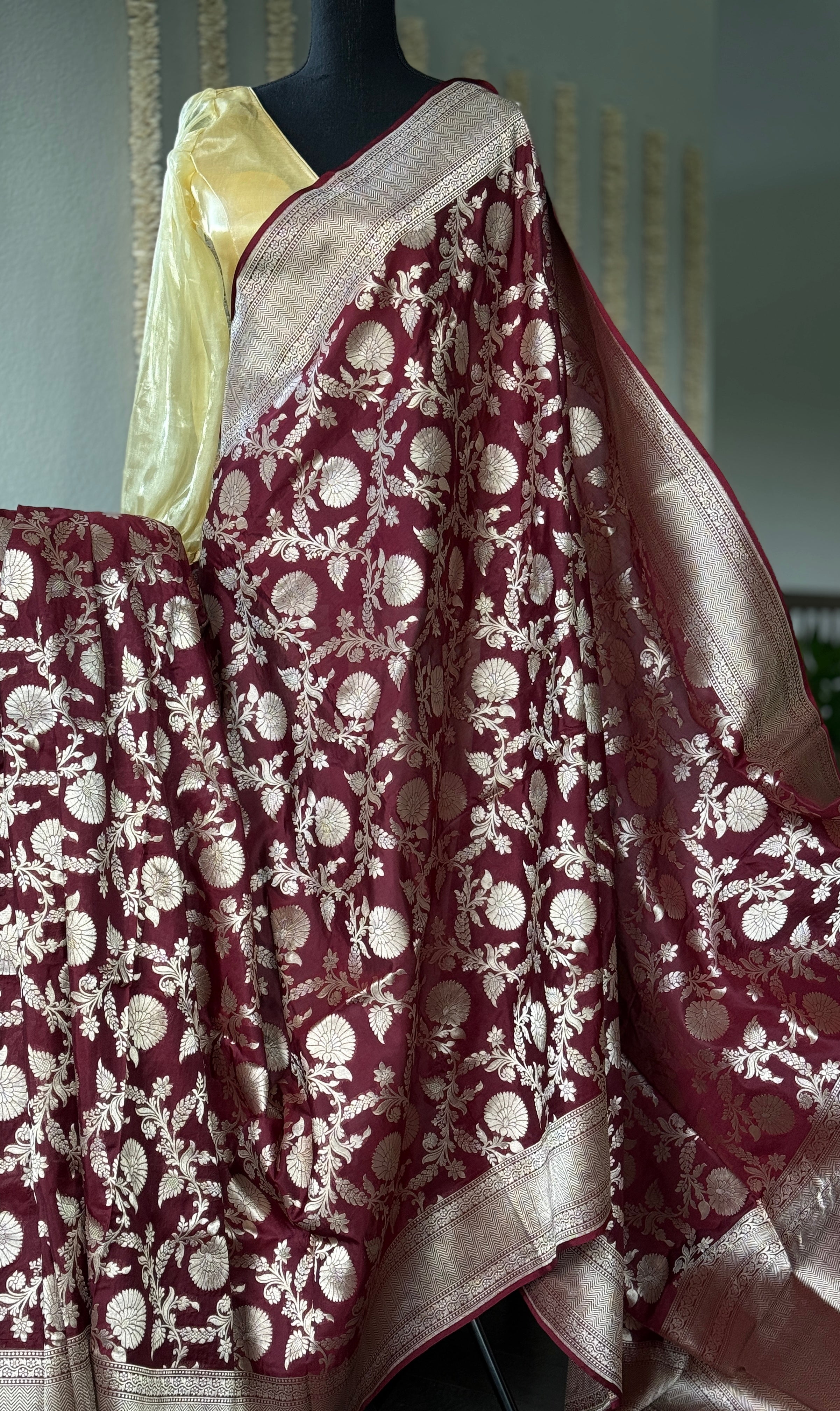 Pure Silk Katan Jaal Banarasi- Dark Maroon