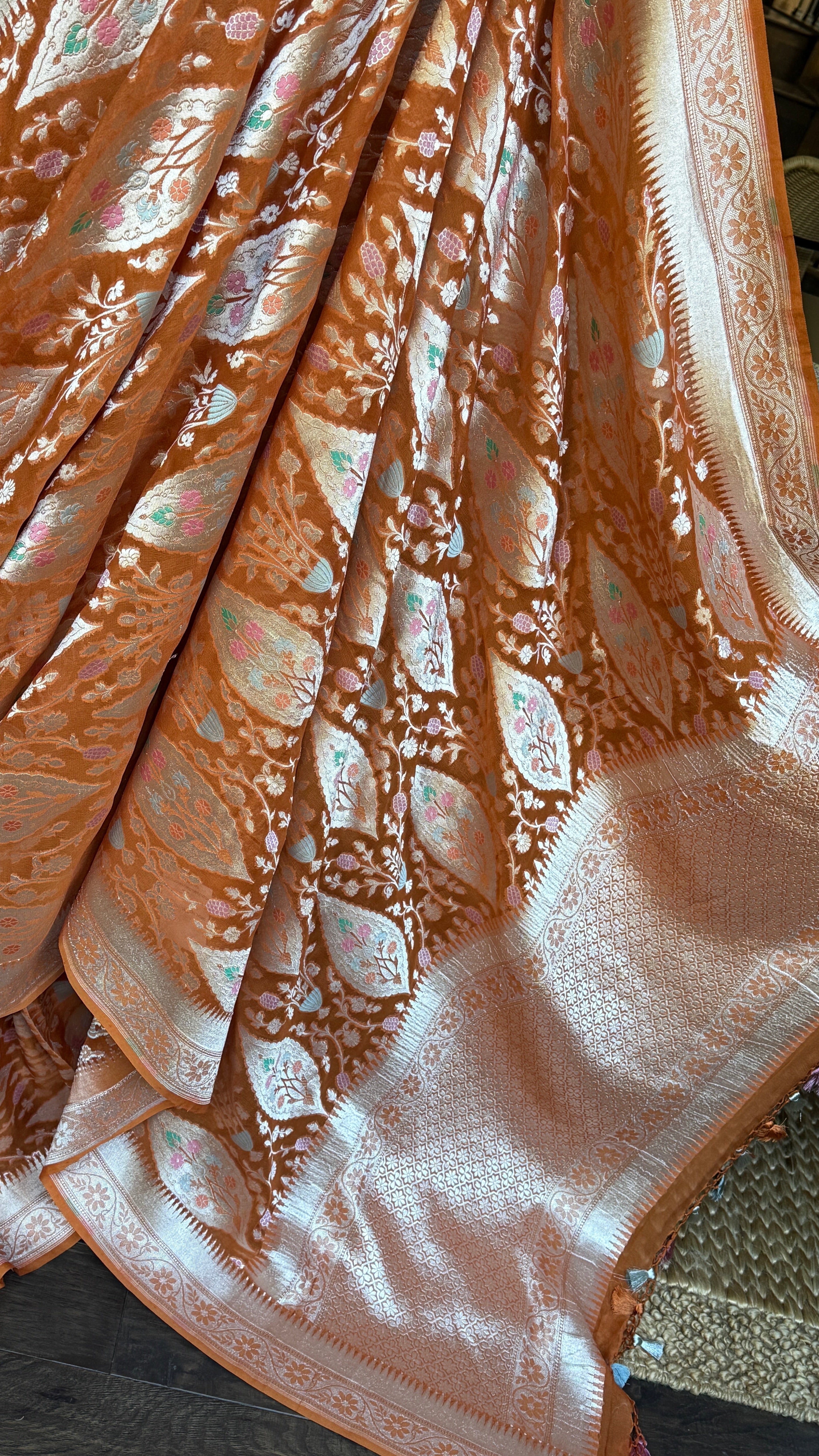 Khaddi Georgette Banarasi - Light Orange Hand Brush Painted