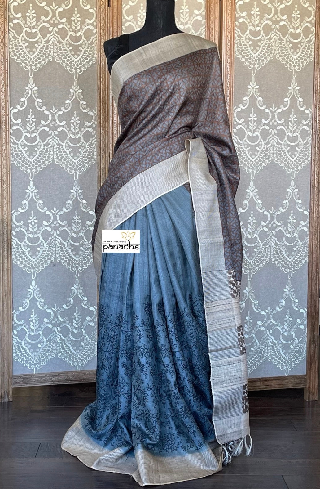 Pure Tussar Silk - Grey Brown embroidered Digital Printed