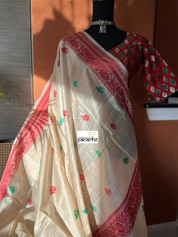 Tussar Silk Banarasi - Beige Red Green