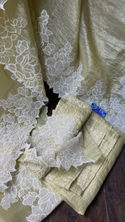 Designer Crushed Tissue Silk - Light Pista Appliqué Embroidered