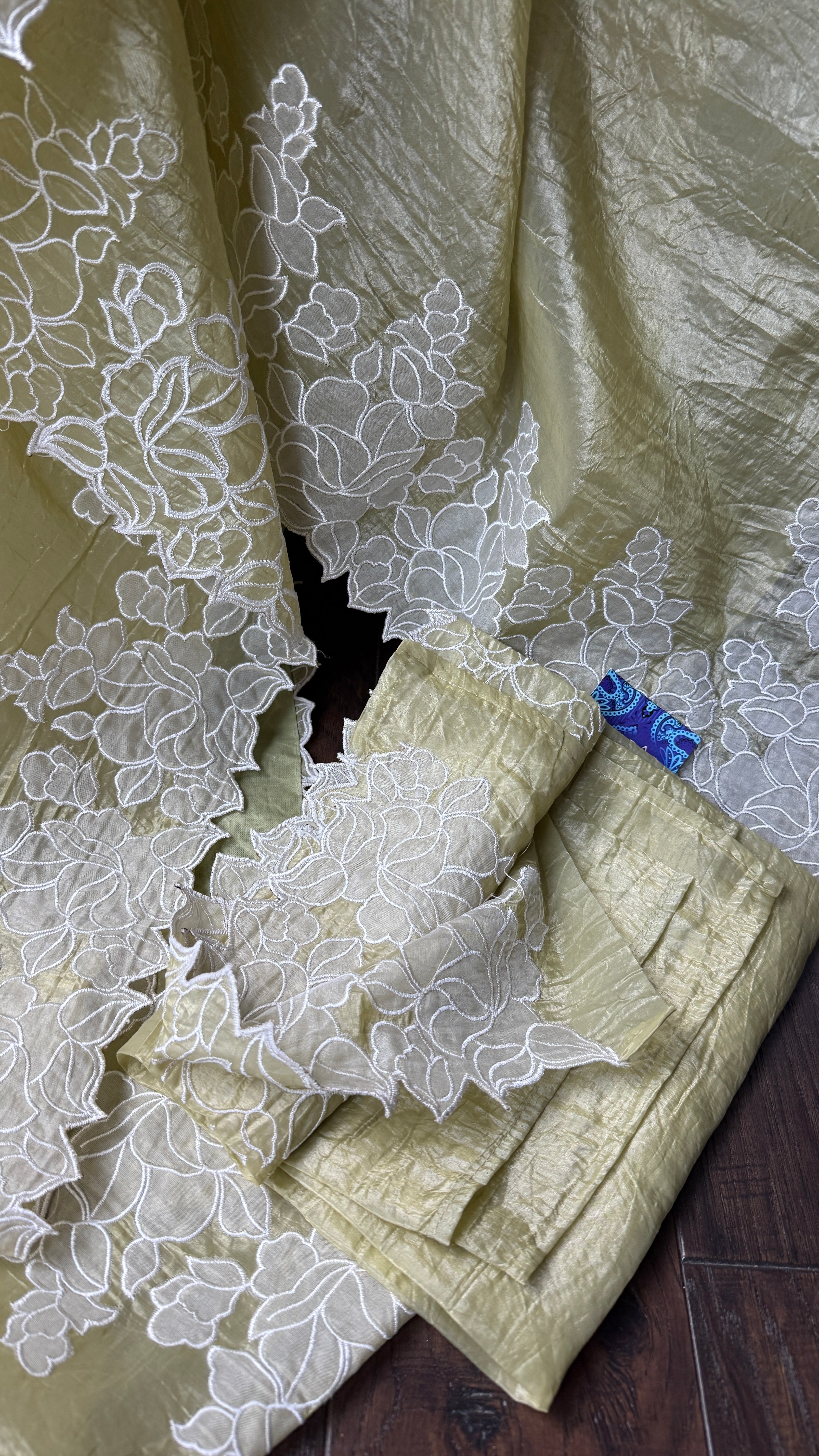 Designer Crushed Tissue Silk - Light Pista Appliqué Embroidered