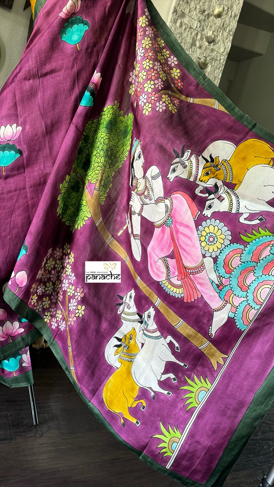 Hand Painted Tussar Silk - Purple Pichwai