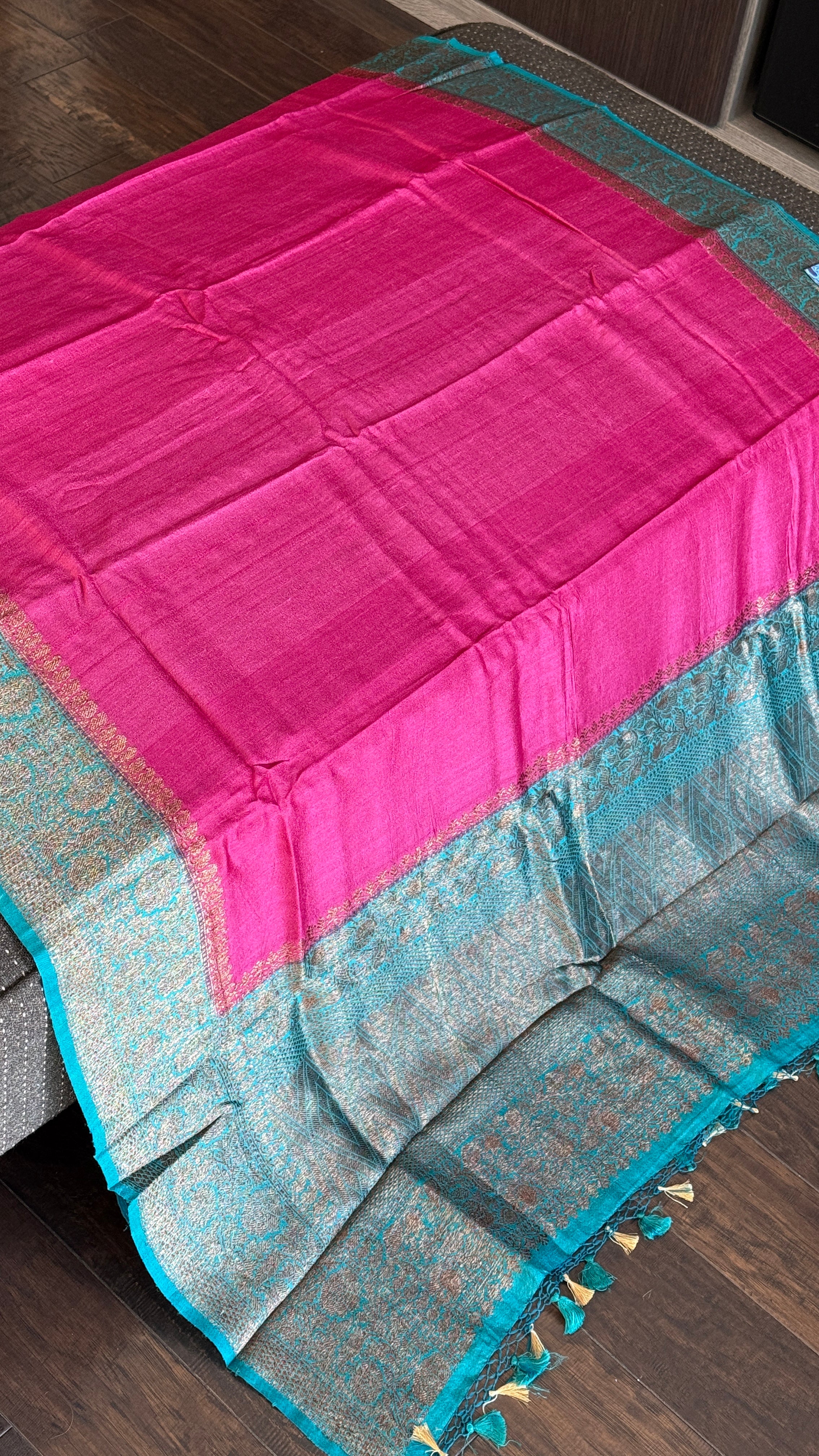 Tussar Silk Banarasi - Magenta Pink Firozi Antique Zari