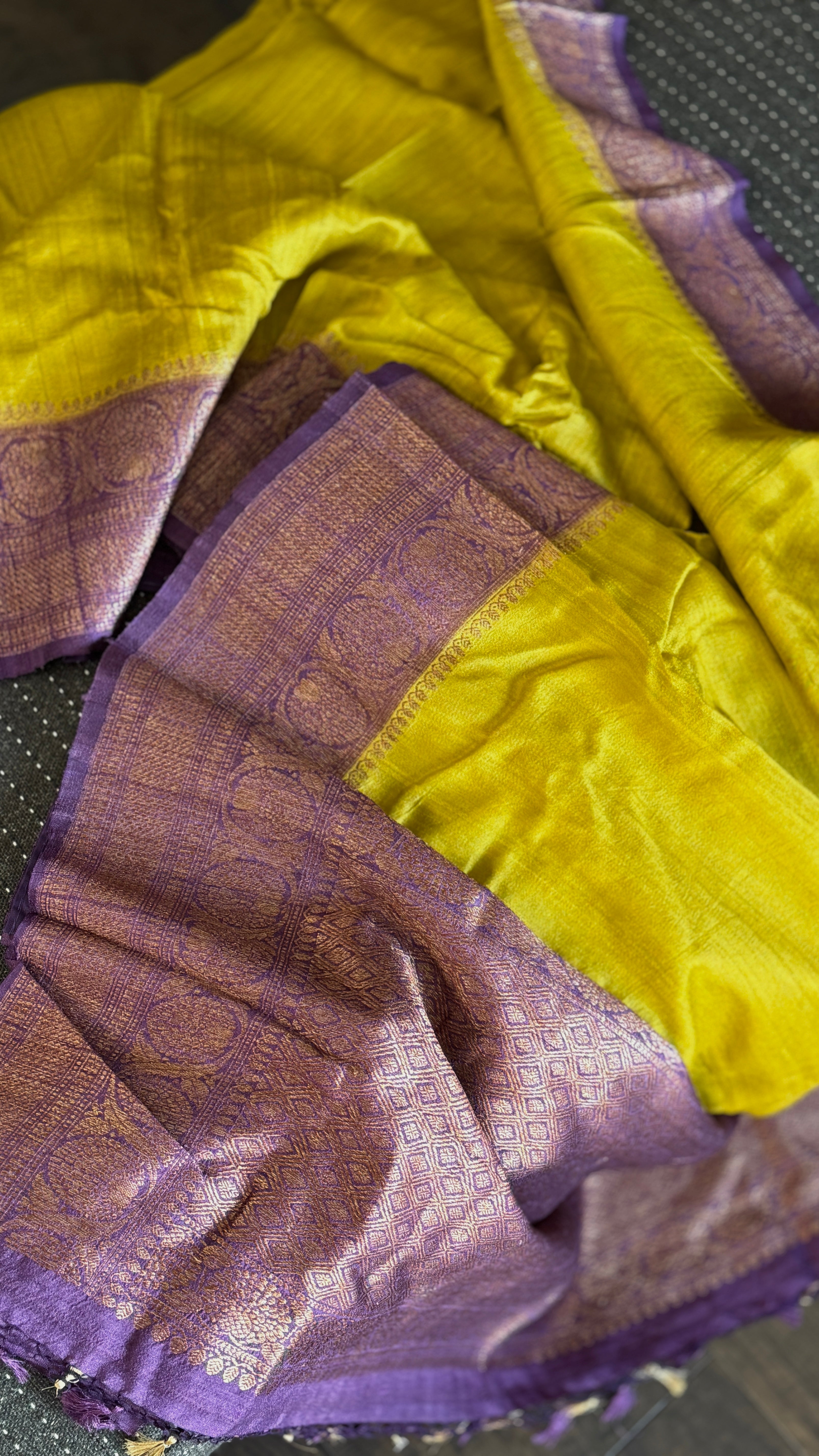 Tussar Silk Banarasi - Lemon Ochre Purple Antique Zari