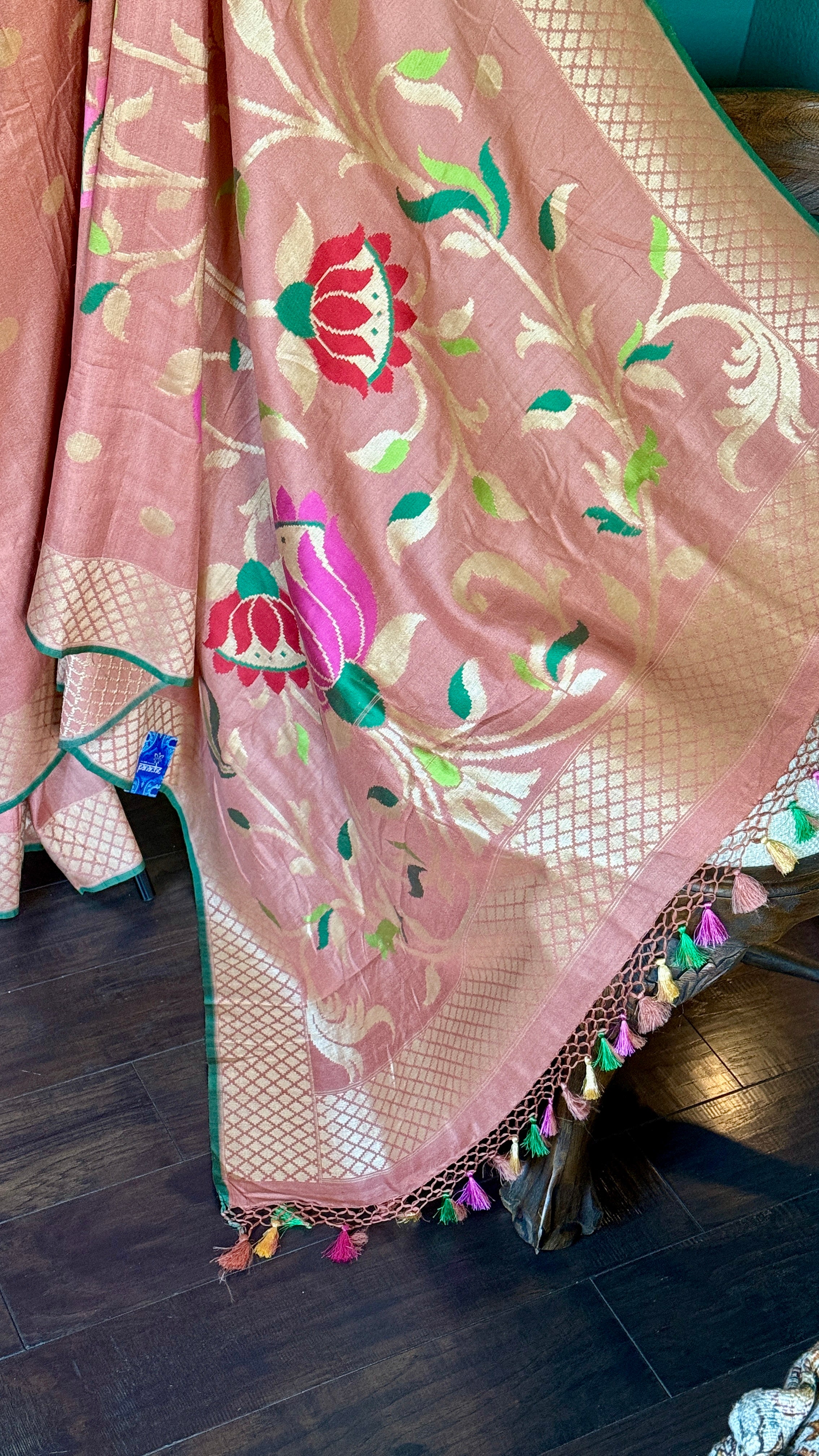 Khaddi Tussar Banarasi -  Gajri Pink Green Paithani