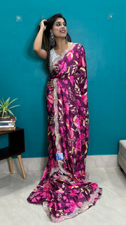 Designer Crepe Satin - Wine Maroon Multi Color