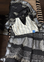 Designer Cotton Blouse - Offwhite Black Ikat