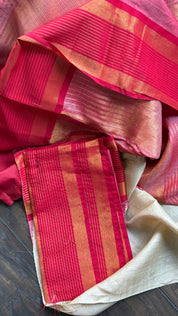 Pure Tussar Silk - Beige Red Zari Stripes