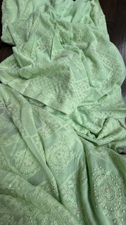 Designer Pure Georgette Chikankari - Light Pista Green
