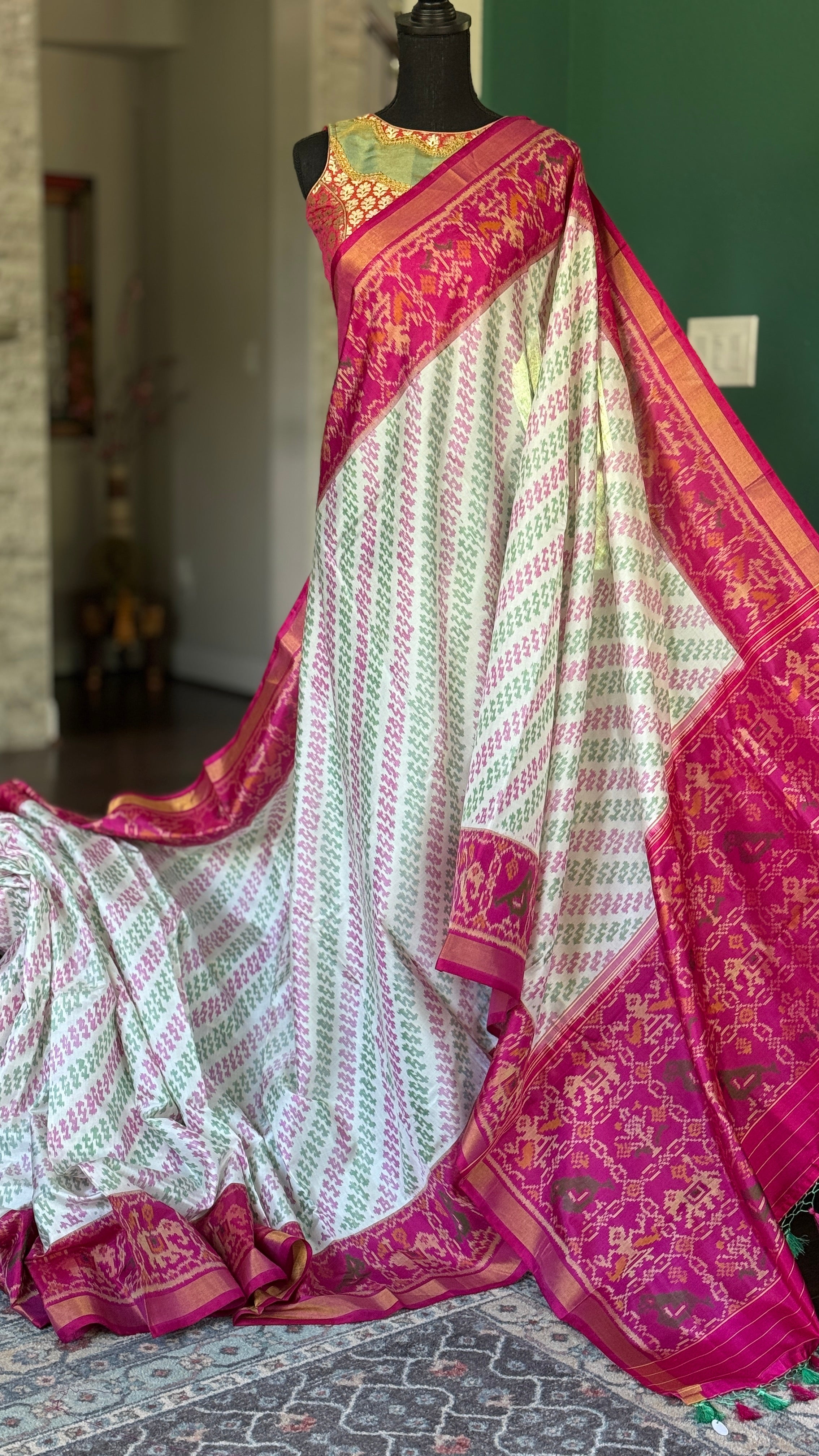 Pure Silk Ikat -  Offwhite Green Magenta