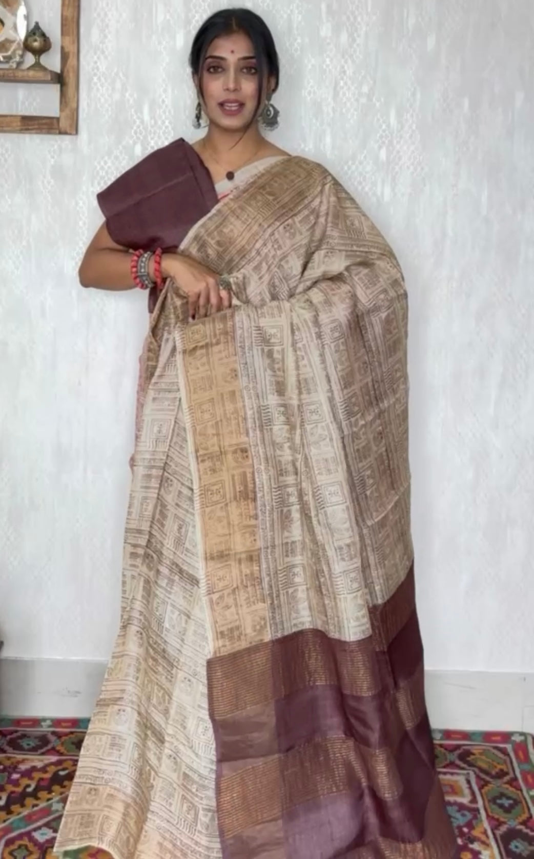 Pure Tussar Silk Script Printed -  Tan Beige Brown