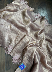Designer Crushed Tissue Silk - Bronze Brown Appliqué Embroidered