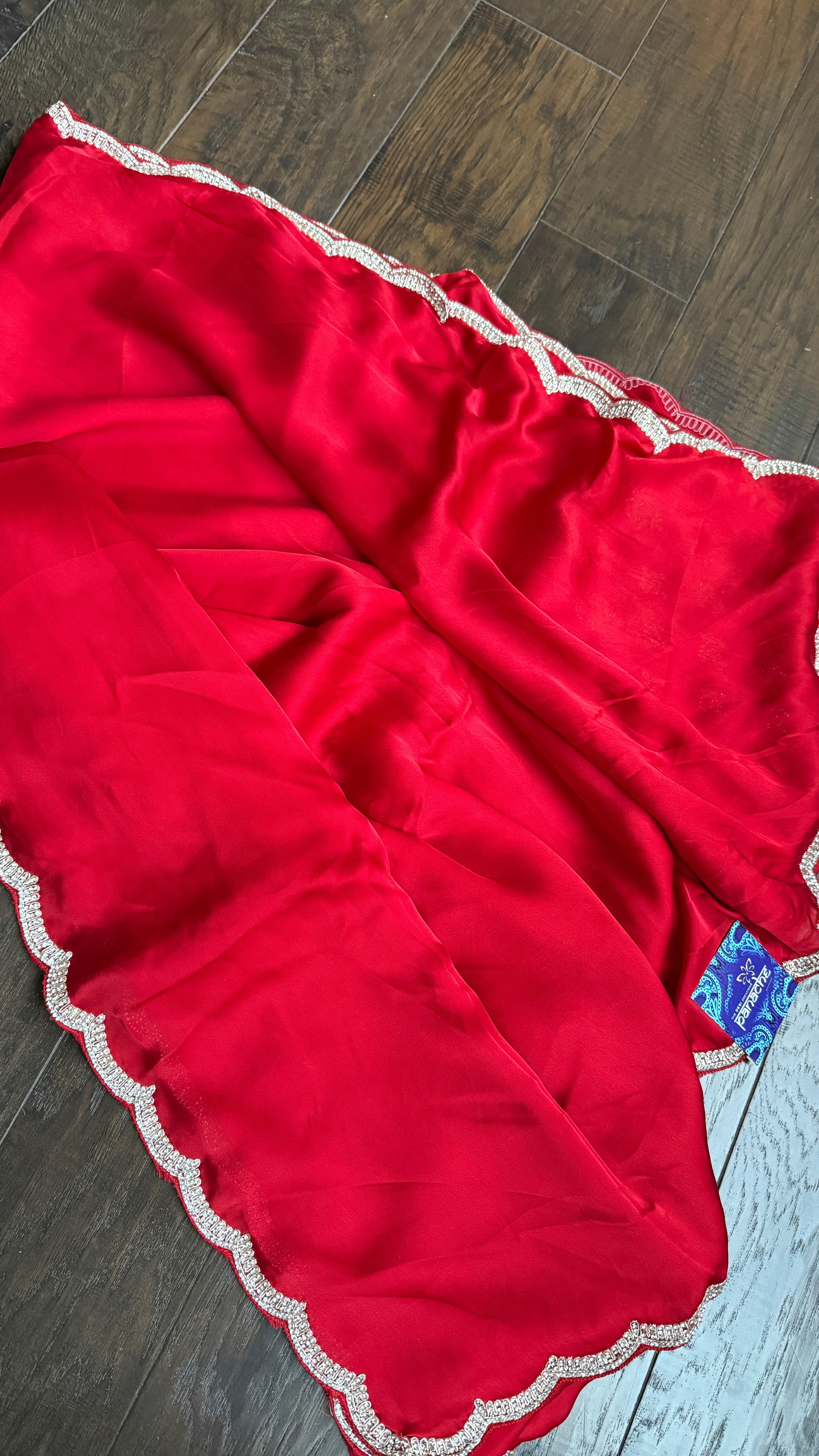 Designer Satin Silk - Red Stone Border