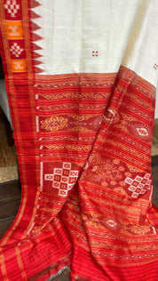 Pure Mukberry Silk Sambalpuri Ikat - Cream Red Orange Pasapale Border