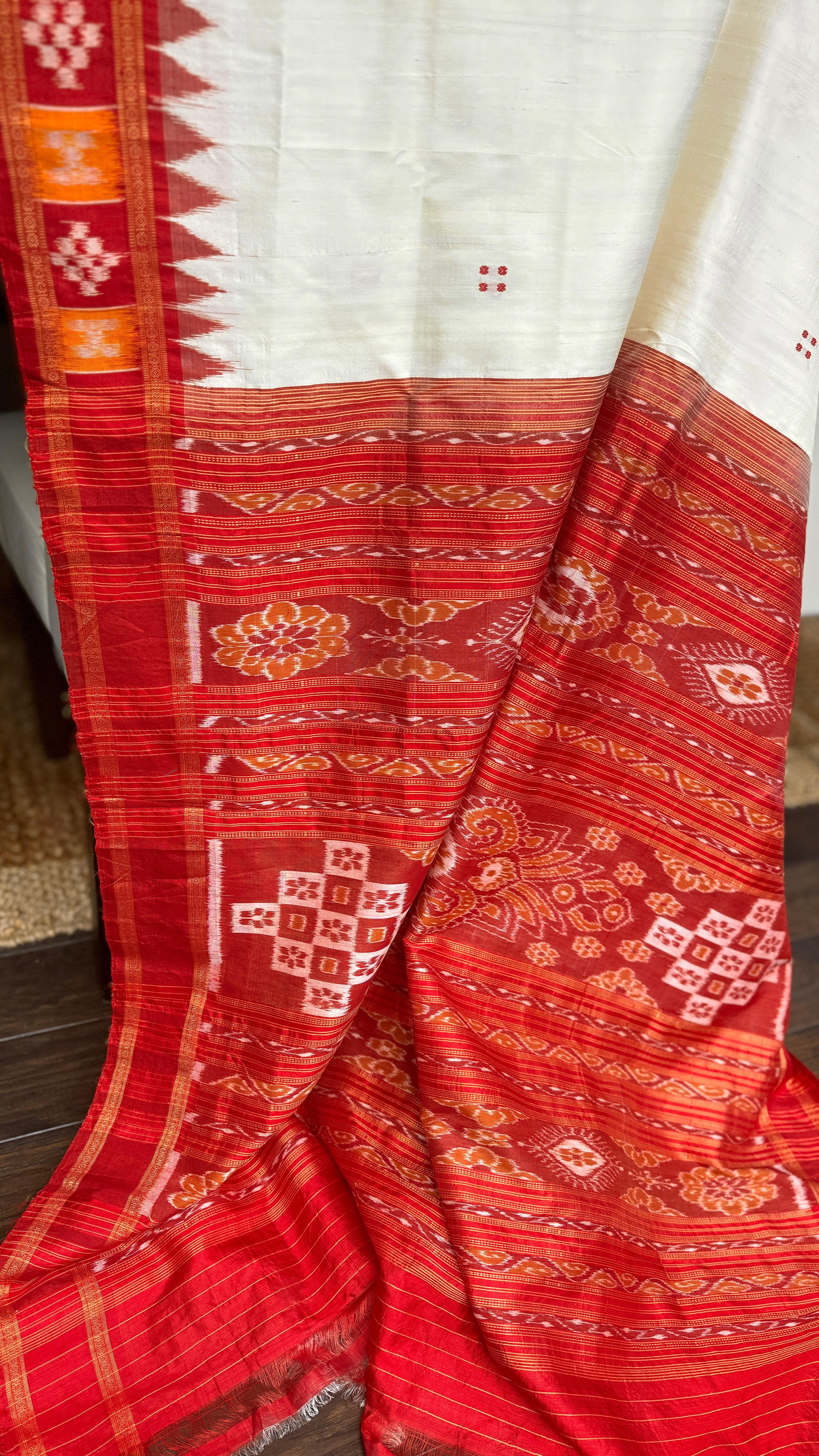 Pure Mukberry Silk Sambalpuri Ikat - Cream Red Orange Pasapale Border