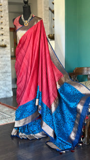 Tussar Silk Banarasi - Red Blue Kadwa