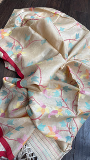 Pure Tussar Silk Tantuj Needle Jamdaani- Beige Red Jangla Weave