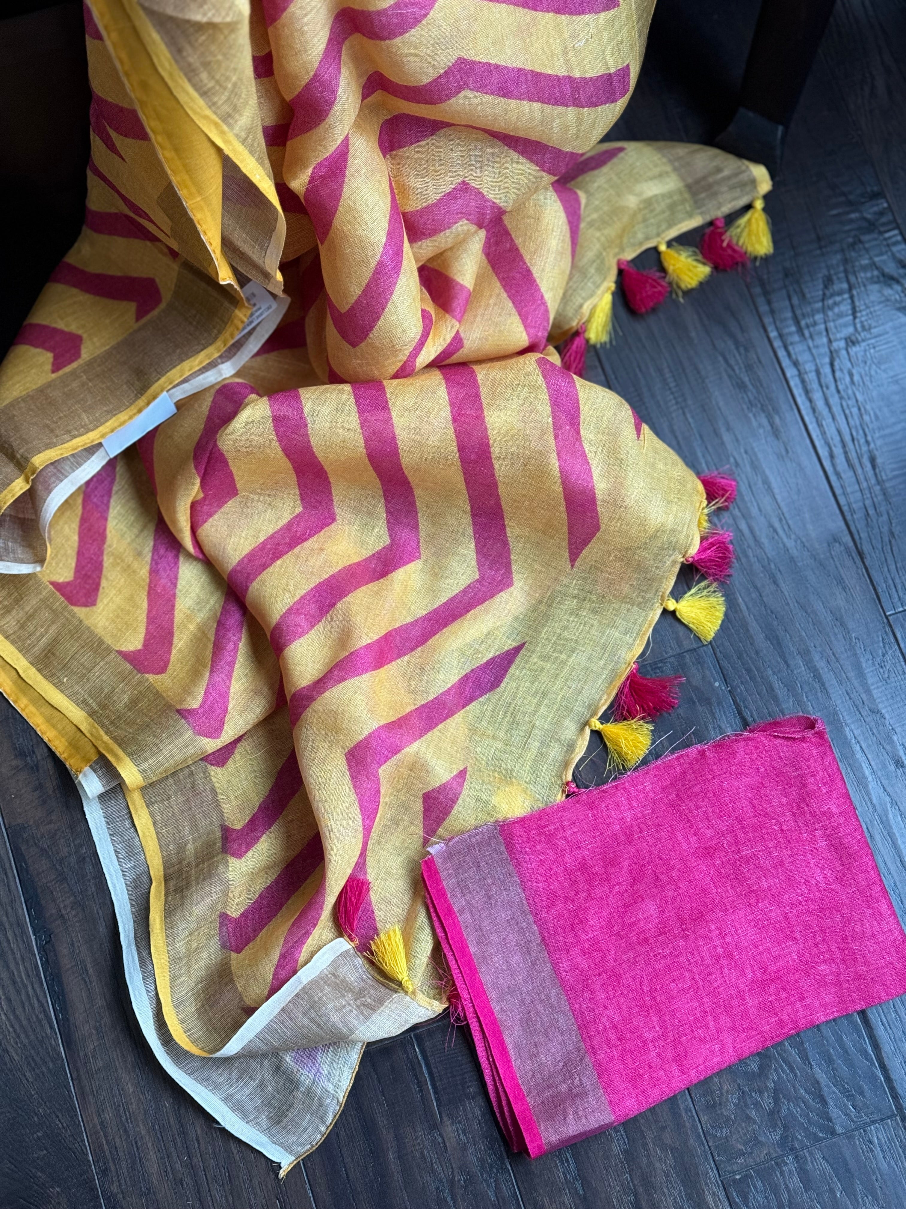 Linen Digital Print - Yellow Pink Chevron