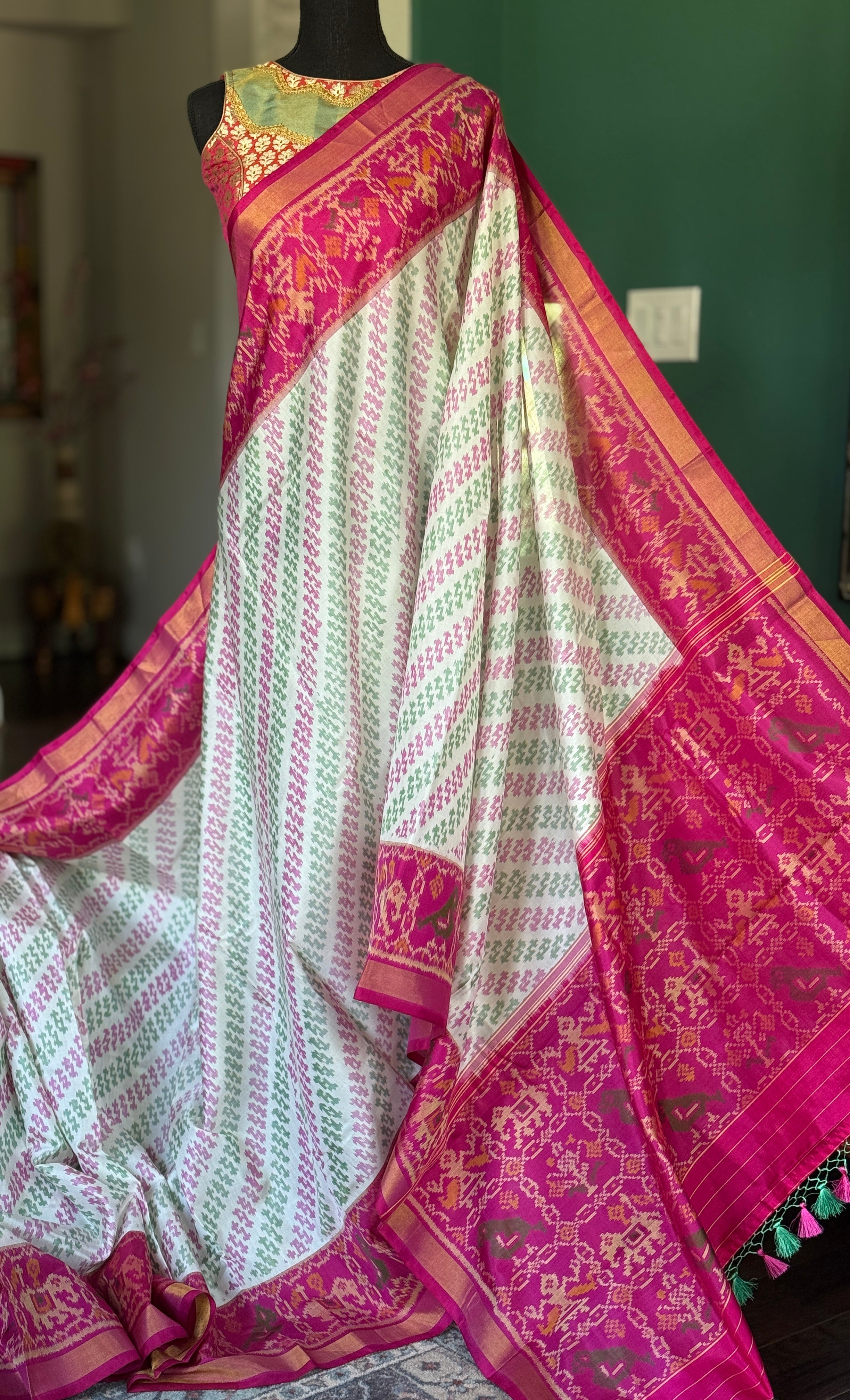 Pure Silk Ikat -  Offwhite Green Magenta