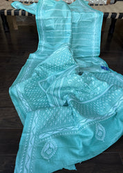 Pure Tussar Silk Kantha Stitch -  Mint